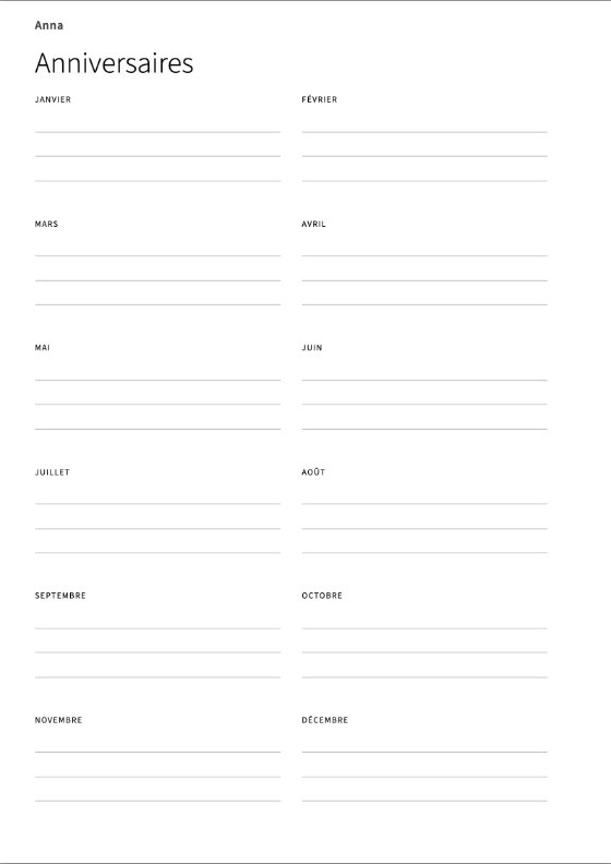 La page des anniversaires : les douze mois avec des lignes pour écrire