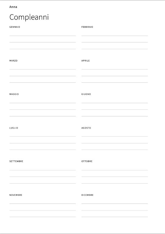 La pagina dei compleanni: i dodici mesi con righe per scrivere