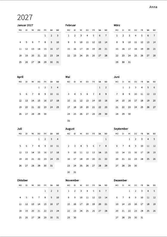 Der Jahreskalender: zwölf kleine Monate auf einer Seite, die Wochenenden grau