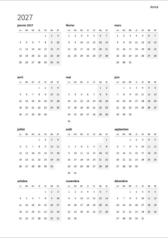 Le calendrier annuel : douze petits mois sur une page, les week-ends en gris