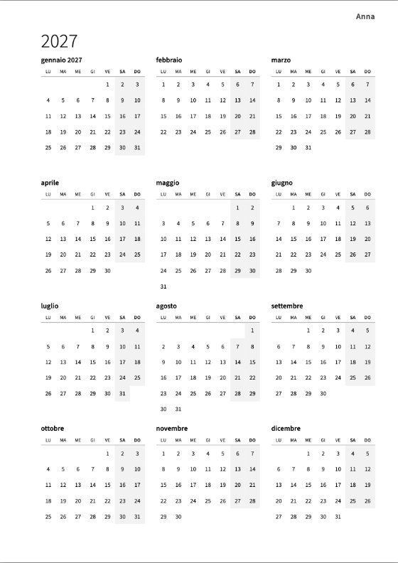 Il calendario annuale: dodici piccoli mesi su una pagina, i fine settimana in grigio