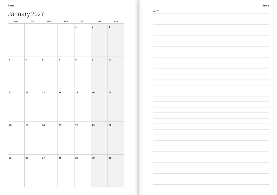 The month at a glance: January as a grid with a box for every day on the left, lines for notes on the right