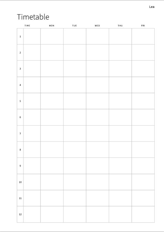 The timetable: twelve lessons, Monday to Friday