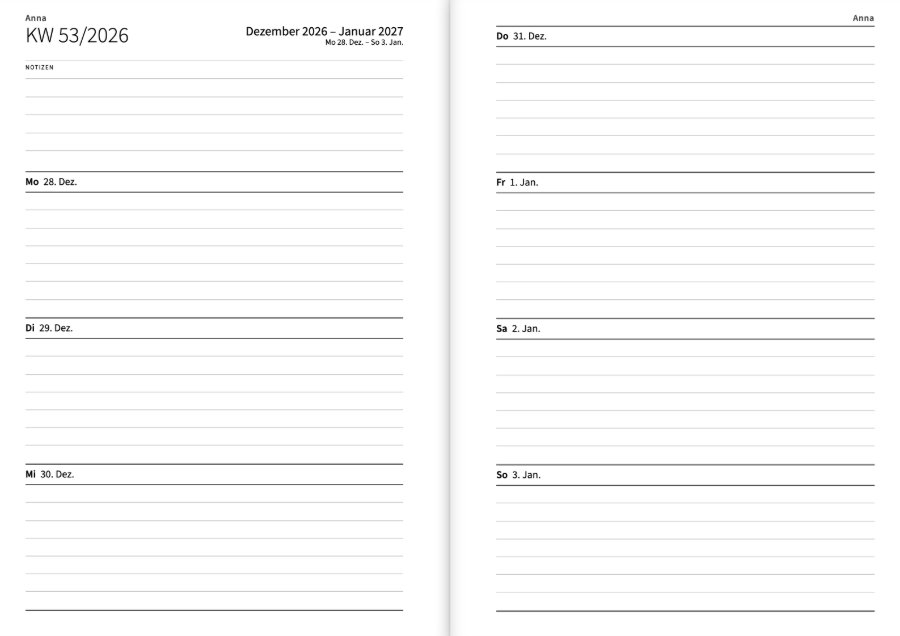 Eine Wochendoppelseite: links Montag bis Mittwoch mit Platz für Notizen, rechts Donnerstag bis Sonntag, jeder Tag mit seinen Linien